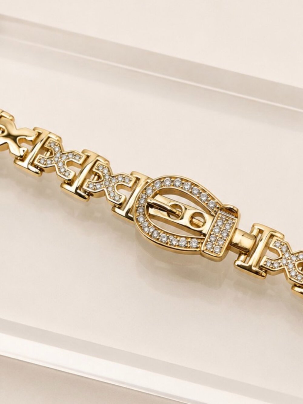 Belt Buckle Link Bracelet-14K Gold Plated-CZ Crystal Statement Bracelet- NEW!
